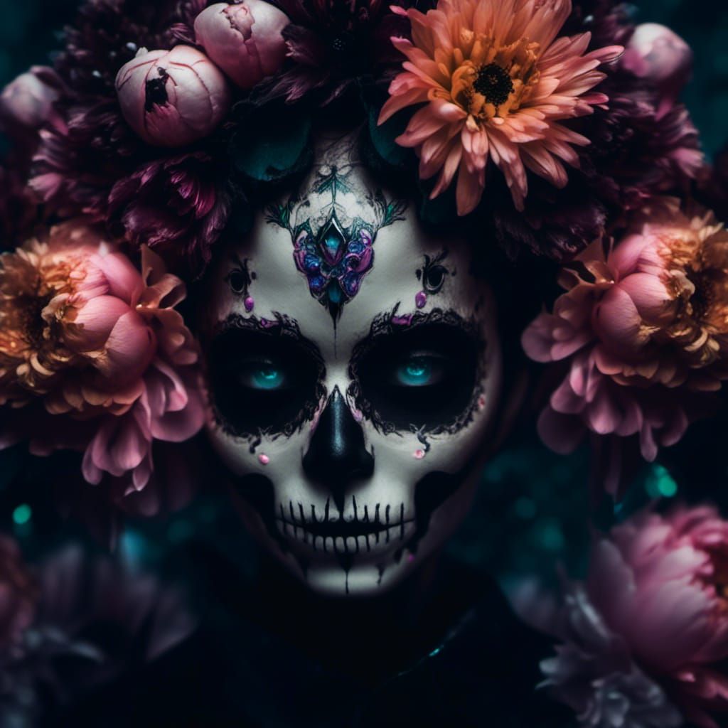 Black Skull Woman with Bioluminescent Flowers