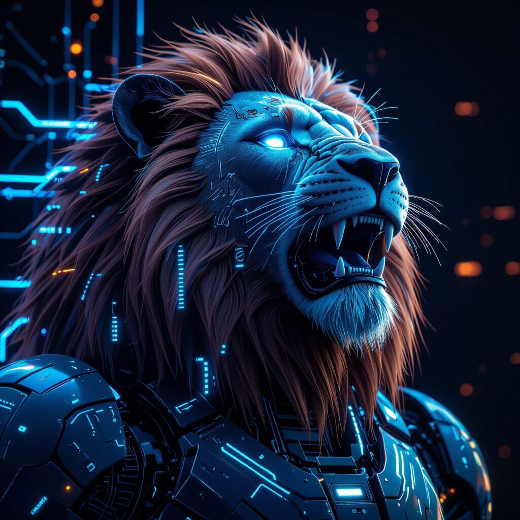 Majestic Lion Robot Roaring in Neon Style