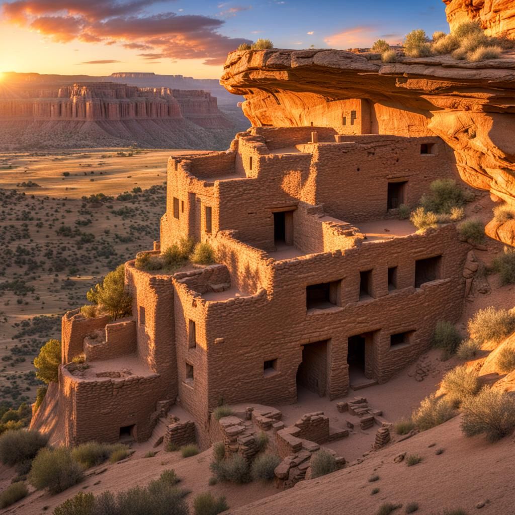 Photo-Realistic Anasazi Cliff Dwellings at Golden Hour