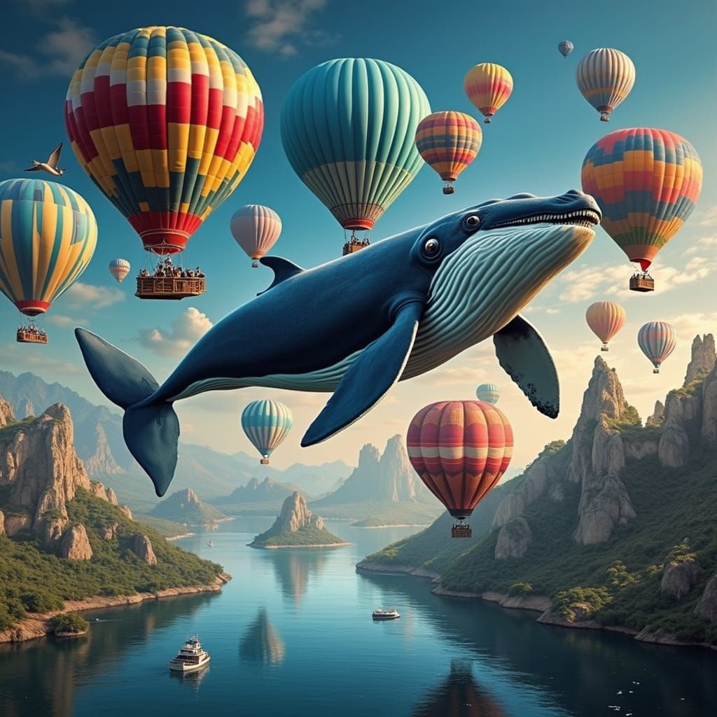 Whales in Hot Air Balloon Sky, Hyperrealistic HDR