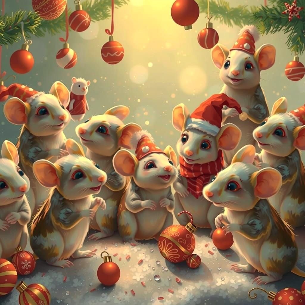 Whimsical Christmas Mice Celebration in Vibrant Style