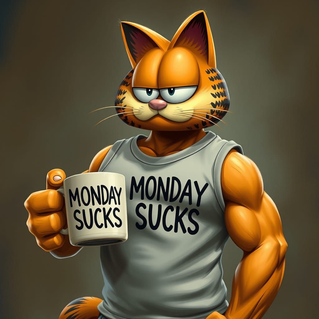 Muscular Garfield Cheers with Coffee Mug in Photorealistic S...