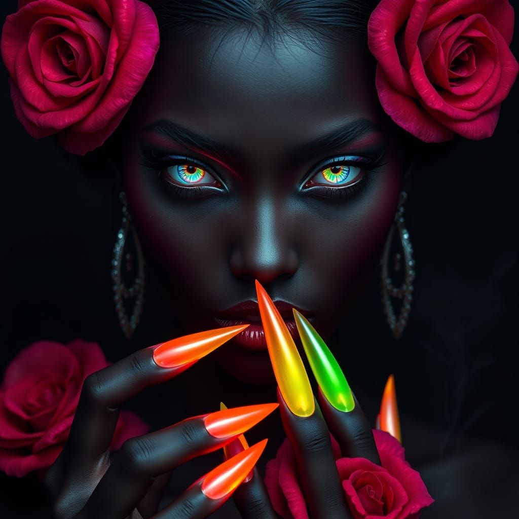 Exotic Gothic Fae with Glowing Rainbow Eyes and Claws