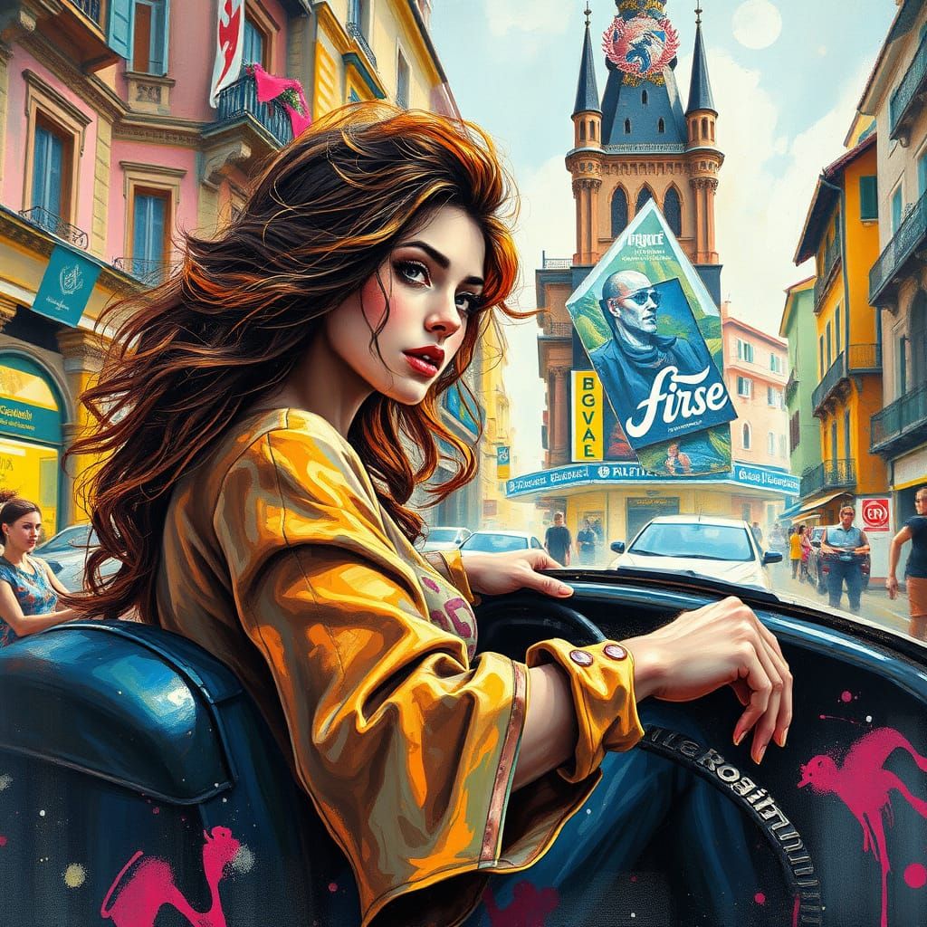 Woman Driving Sports Car in City, Detailed Painting