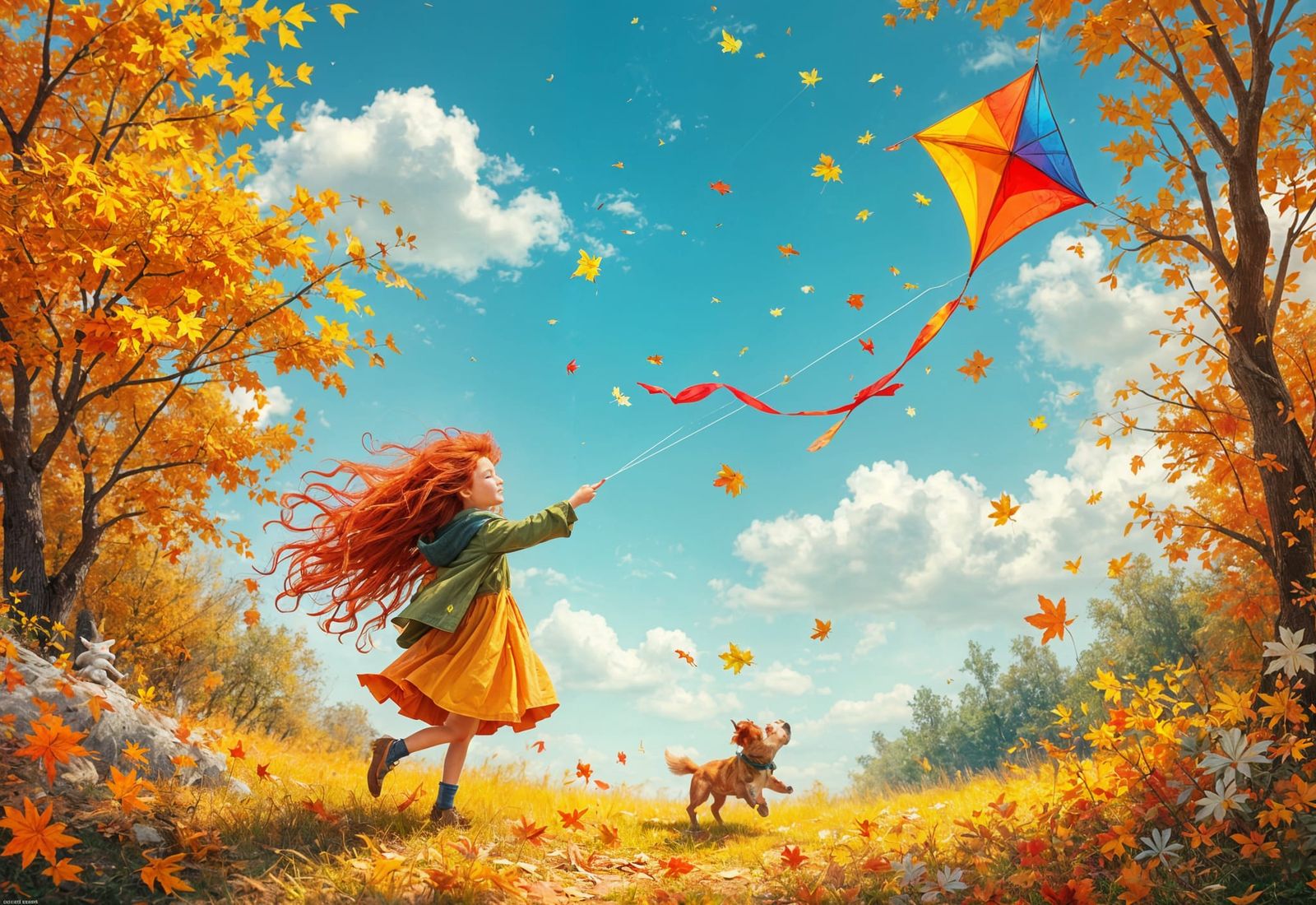Children Fly Kite in Autumn Park: A Naive Painting