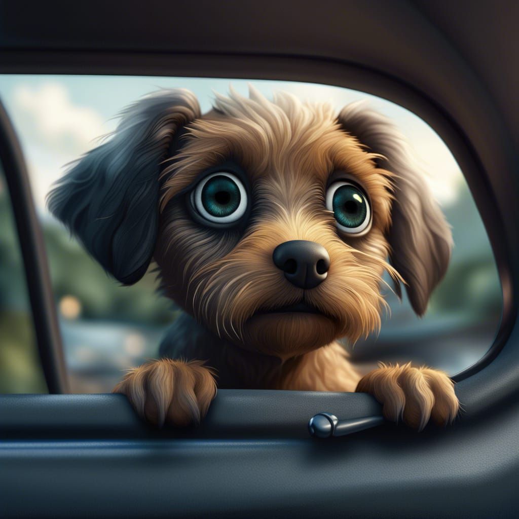 Puppy in Car Window: Photorealistic 3D Rendering