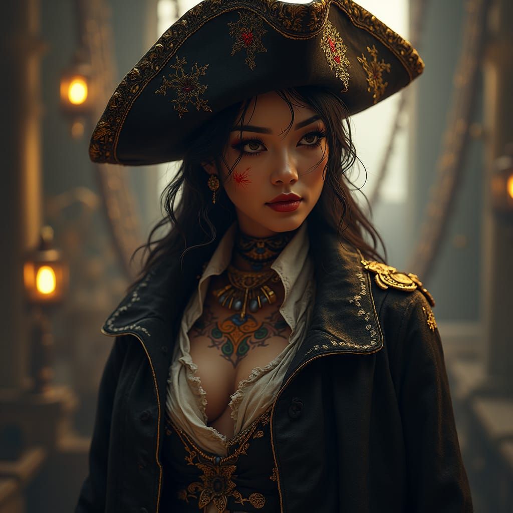 Asian Pirate Navigator in Dark Fantasy Art Nouveau Style