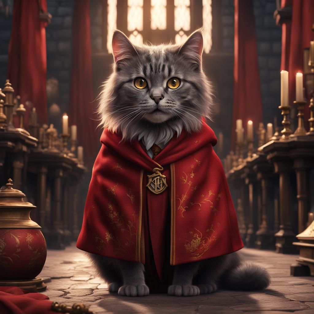 Harry Potter Cat in Red Robes: Detailed Matte Painting