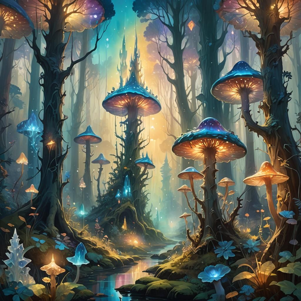 Mystical Iridescent Forest with Crystal Spires