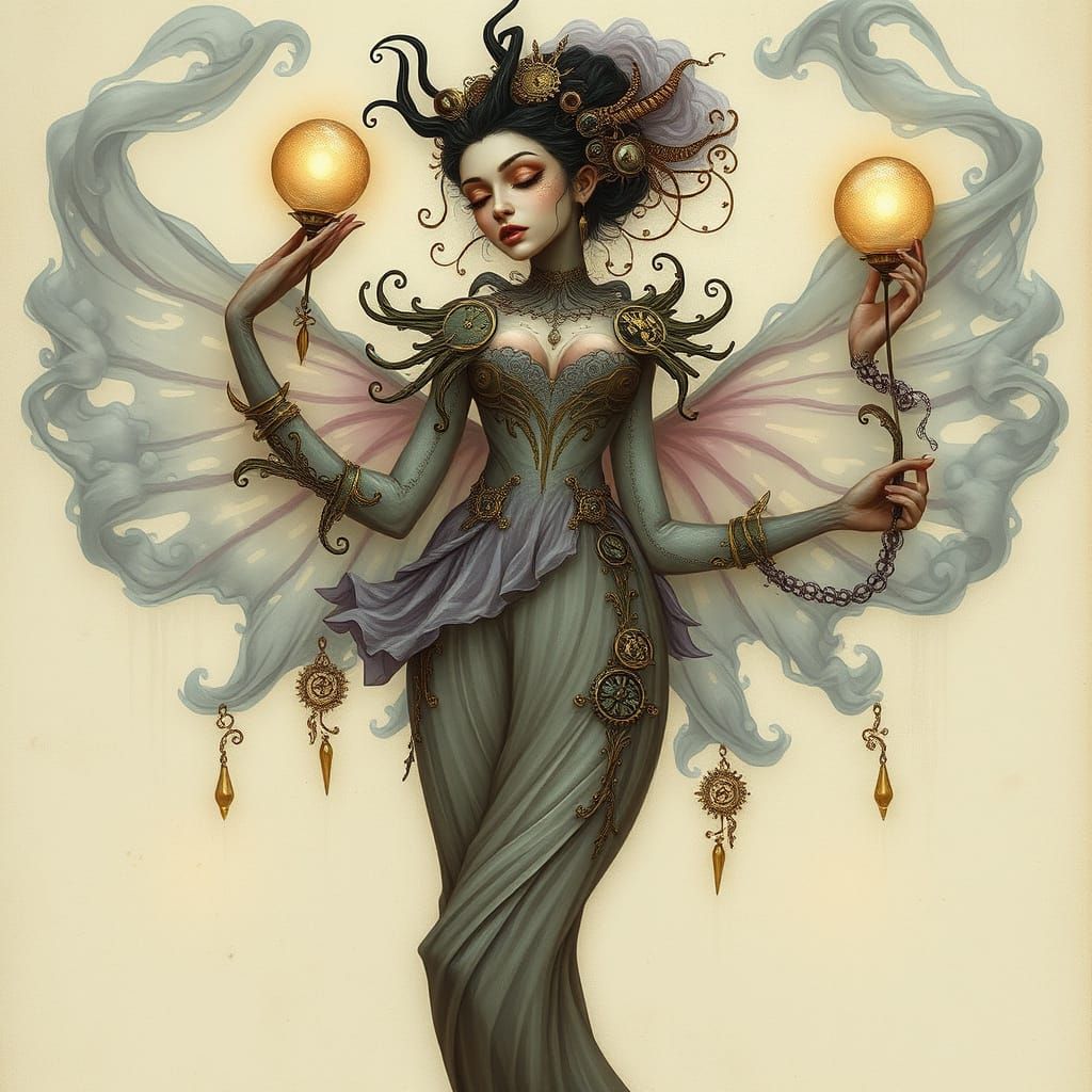 Ethereal Steampunk Goddess in Art Brut Style