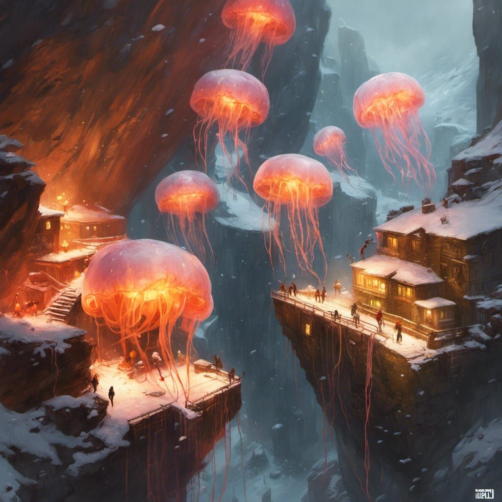 Jellyfish Float Above Snowy Cliff: Fantasy Art