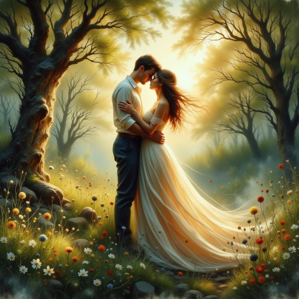 Romantic Couple Embracing in Pre-Raphaelite Style
