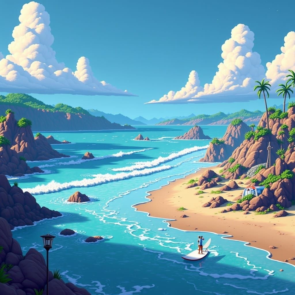 Pixel Art Surfer Rides a Wave