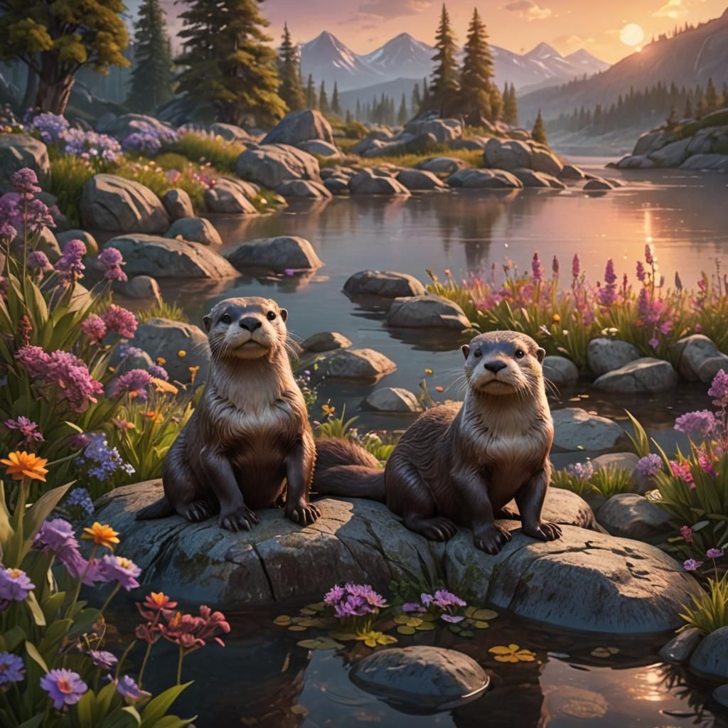 Otters in Sunset Lake: Fantasy Concept Art