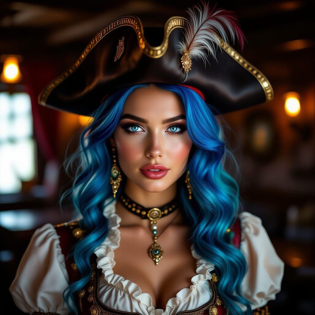 Photorealistic Pirate Woman Portrait with Blue Hair