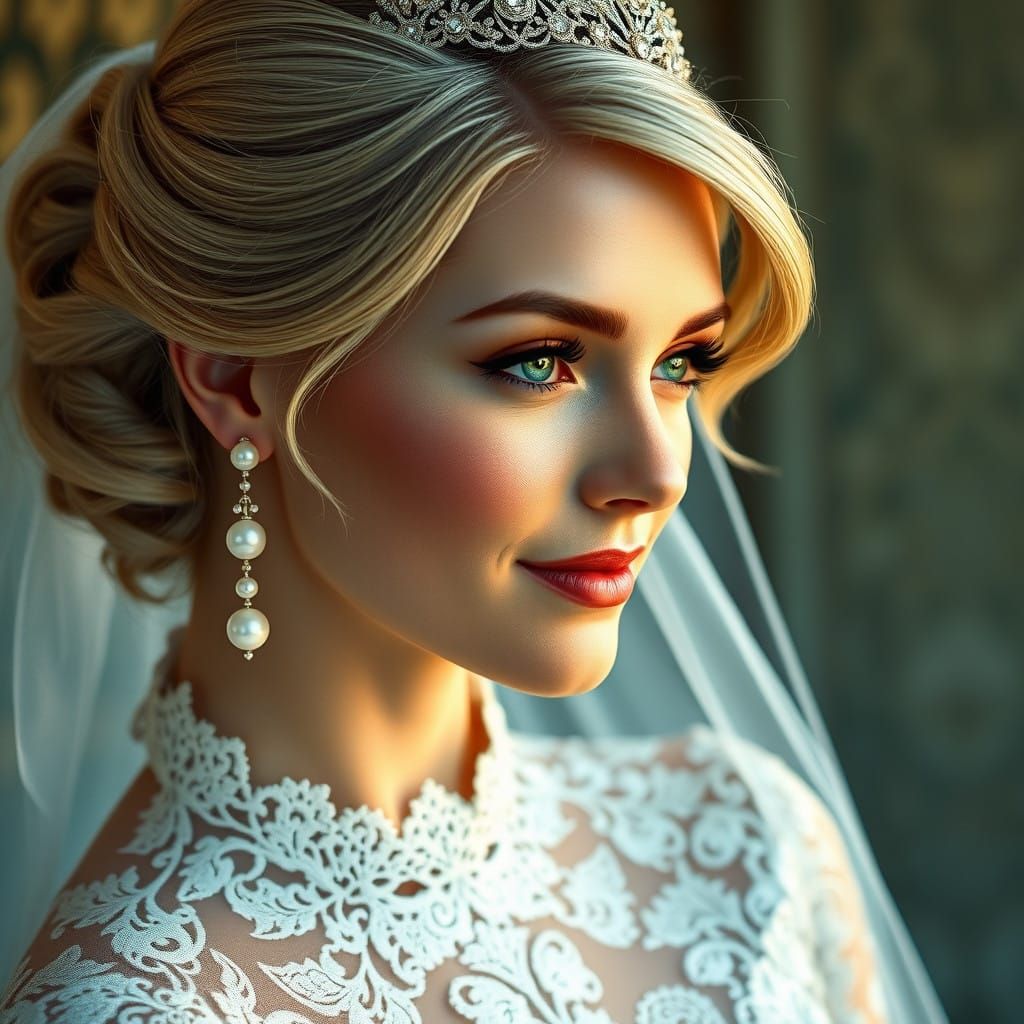 Elegant Pearl-Era Bride in High-Neck Lace Wedding Dress