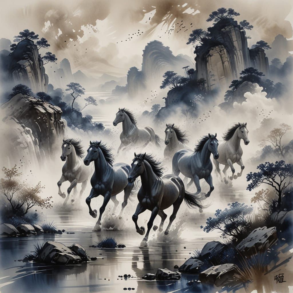 Seven Majestic Horses Gallop Across Riverbank in Chinese Ink...