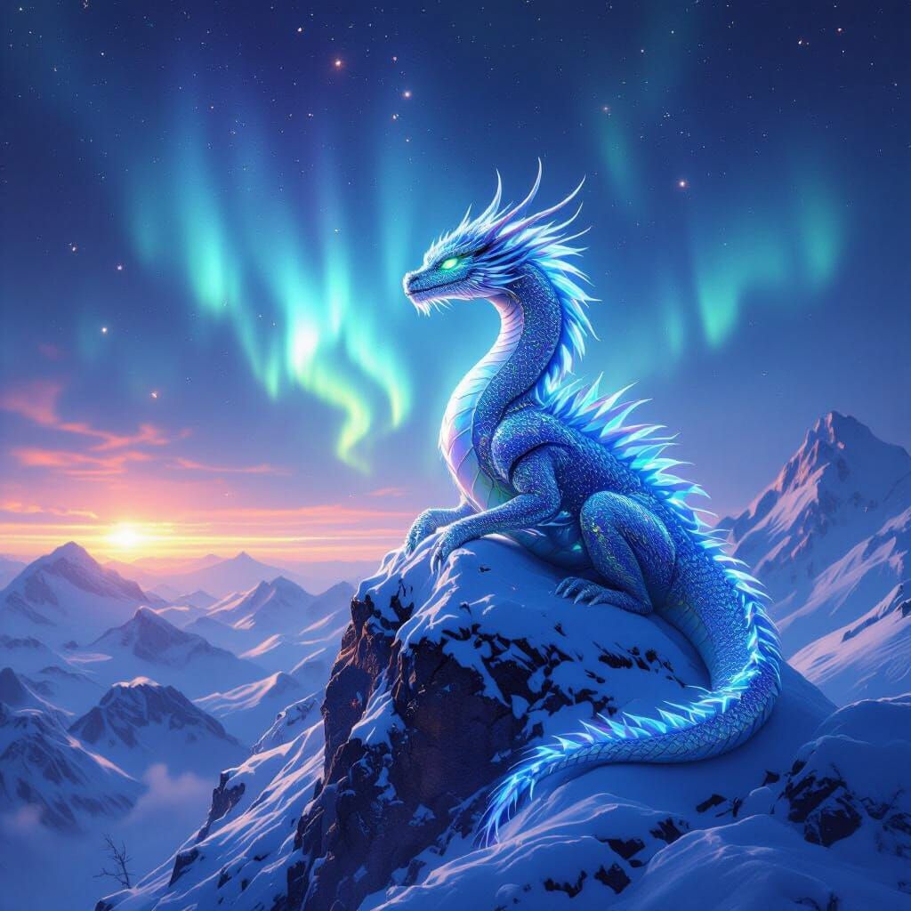 Bioluminescent Dragon Contemplates Aurora Sky