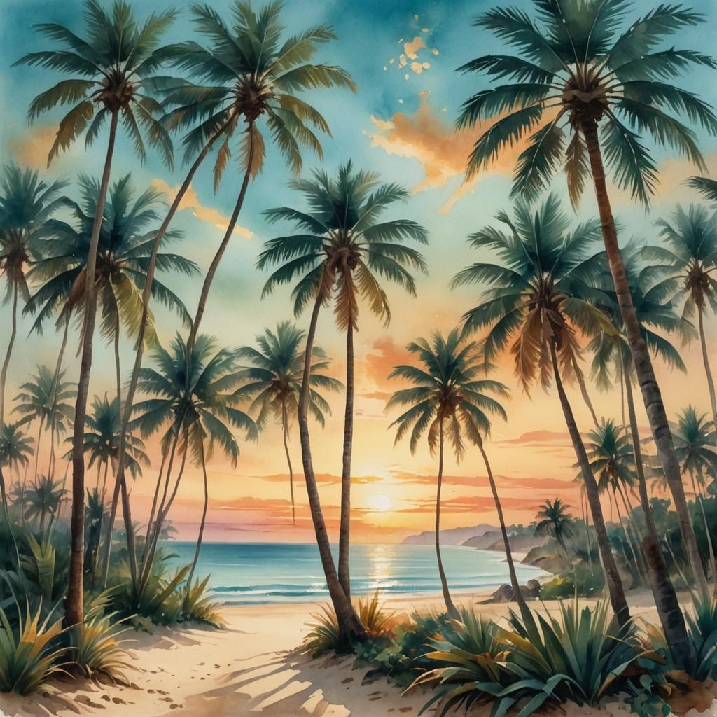 Tropical Beach Sunset in Romantic Watercolor Style