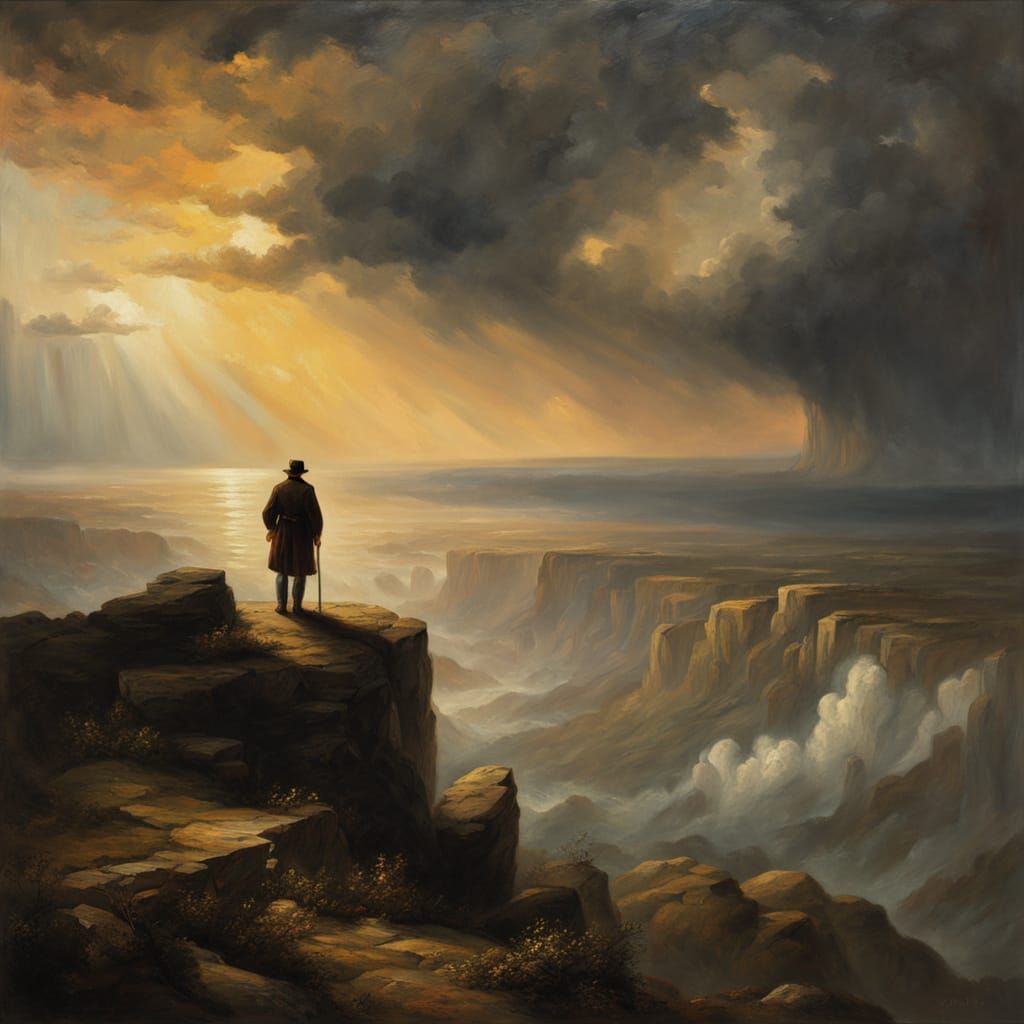 Lone Traveler Overlooking Stormy Landscape