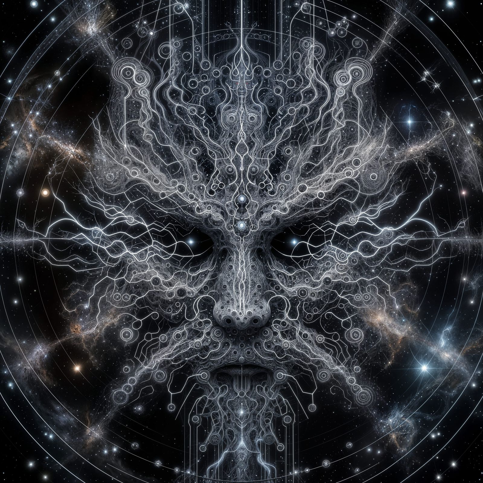 Cosmic Deity Mask Disintegrating into Radio Waves