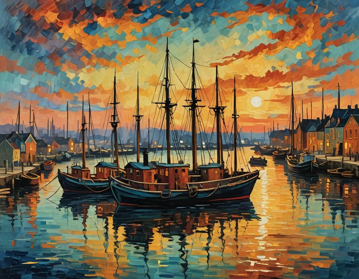 Fiery Sunset Harbor in Post-Impressionist Style