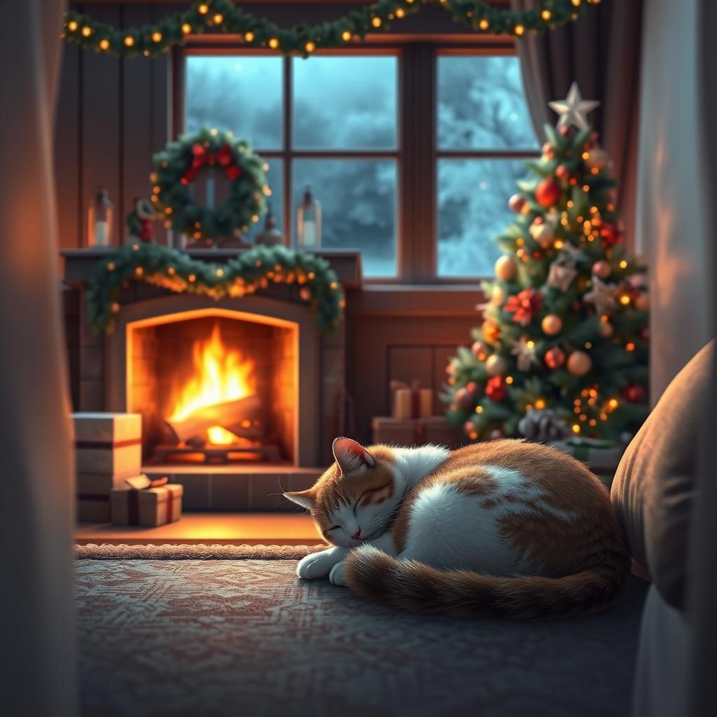 Cozy Christmas Living Room with Sleeping Cat, Genshin Impact...