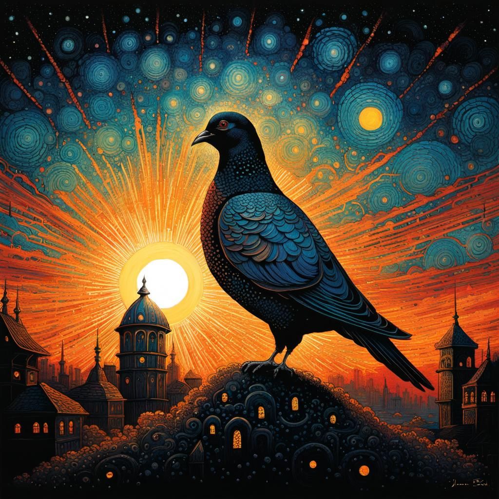 Bioluminescent Cyborg Pigeon in Dystopian Sunset