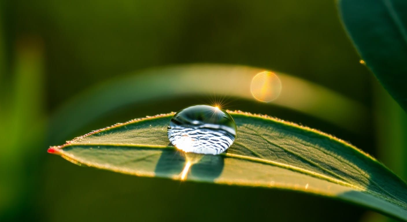 Realistic Water Droplet Reflected in Smooth Sunlit Leaf