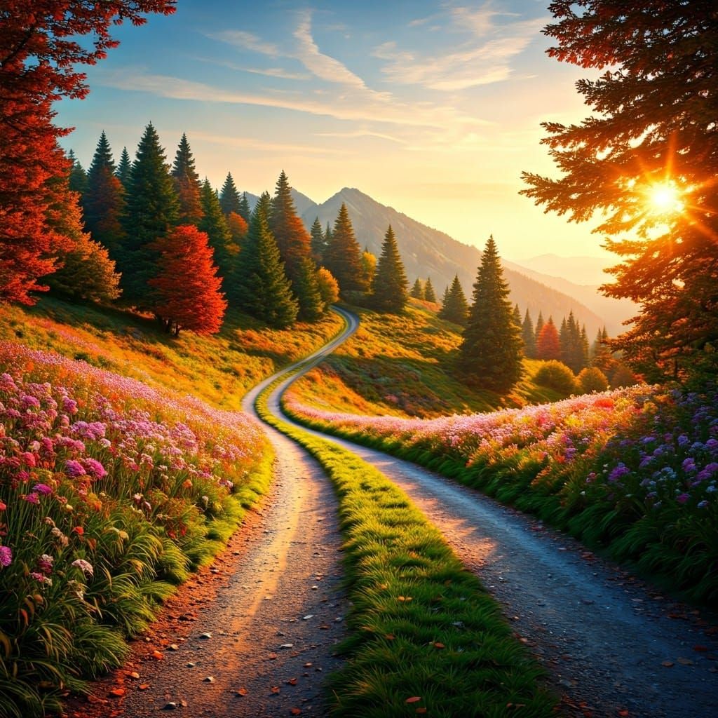 Autumn Mountain Landscape with Winding Road