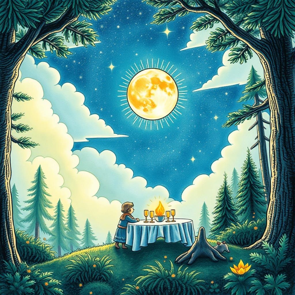 Intricate Fine Line Sketch of Lollapindo's Forest Dinner