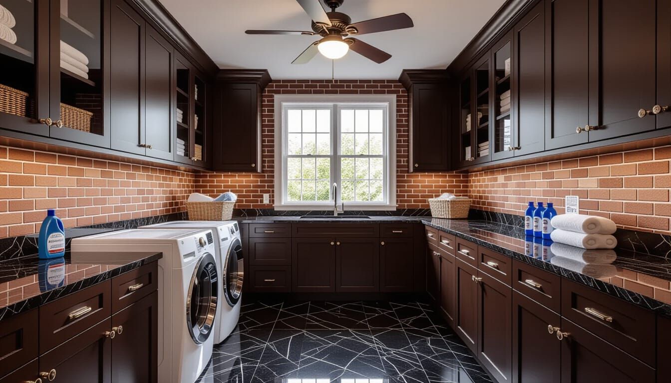 Victorian Laundry Room with Glass Walls and Brick Wallpaper