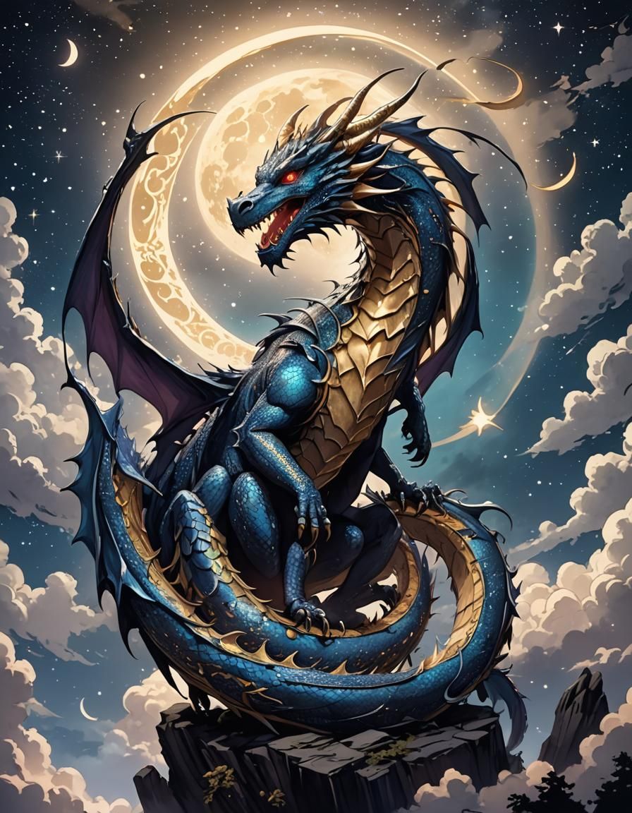 Starlight Dragon Embracing Crescent Moon: Anime Style