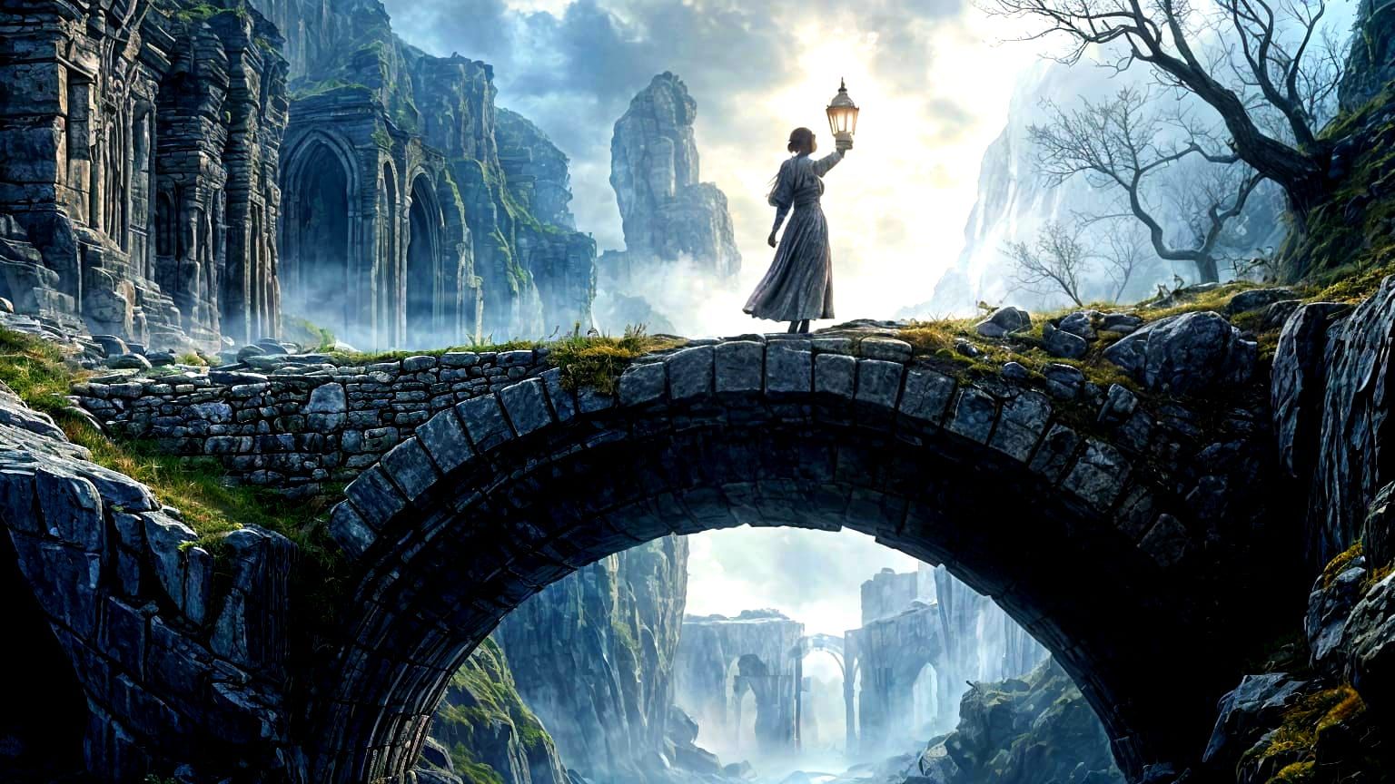 Woman on Ancient Bridge with Lantern, Fantasy Art