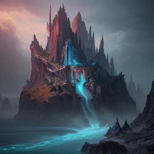 Fantastical Siren at Waterfall in Detailed Painting