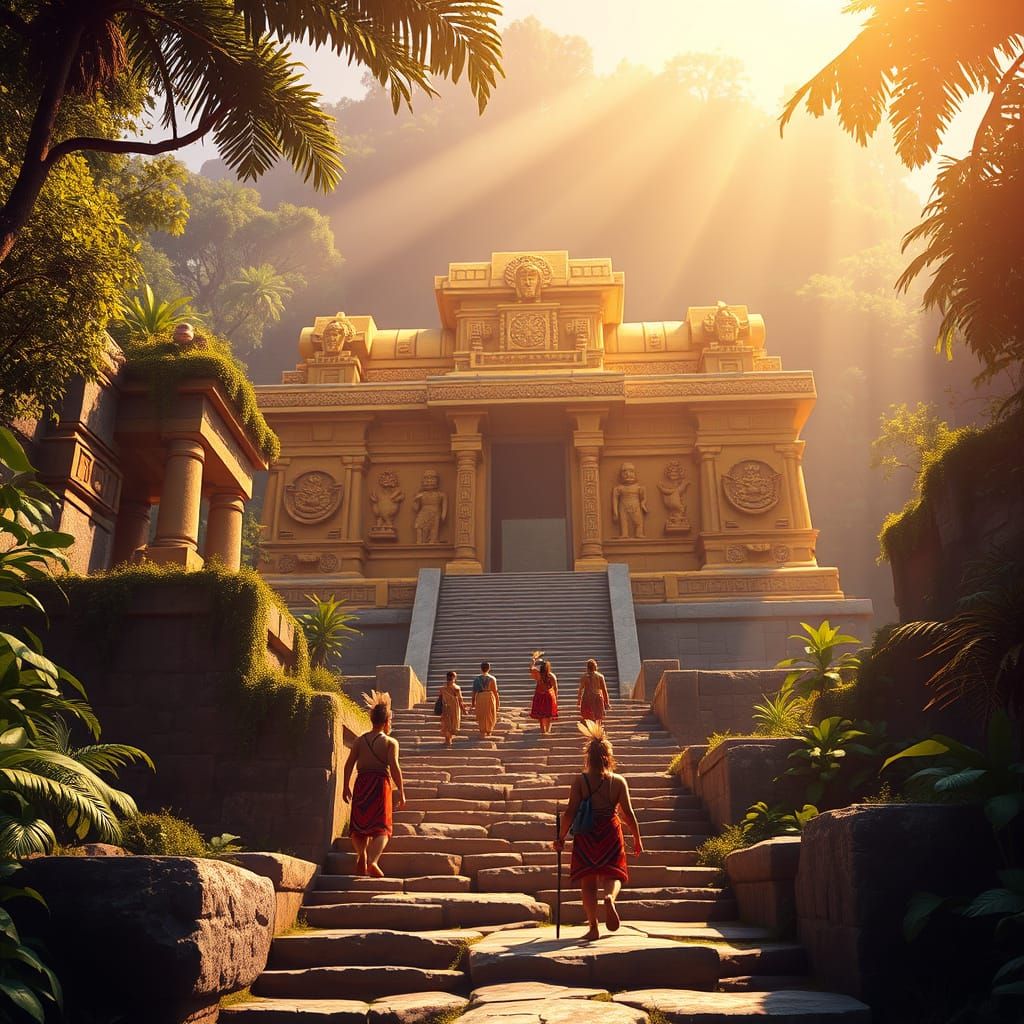 Ancient Mesoamerican Temple in Vibrant, Intricately Carved G...