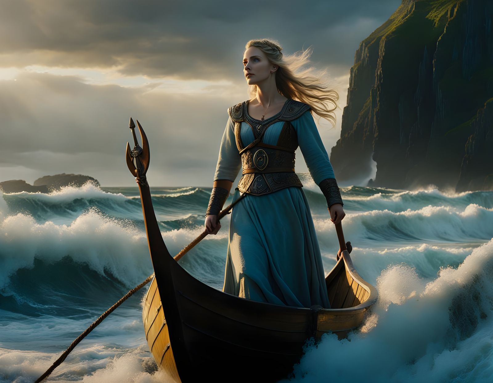 Vár: Norse Goddess on Viking Longboat