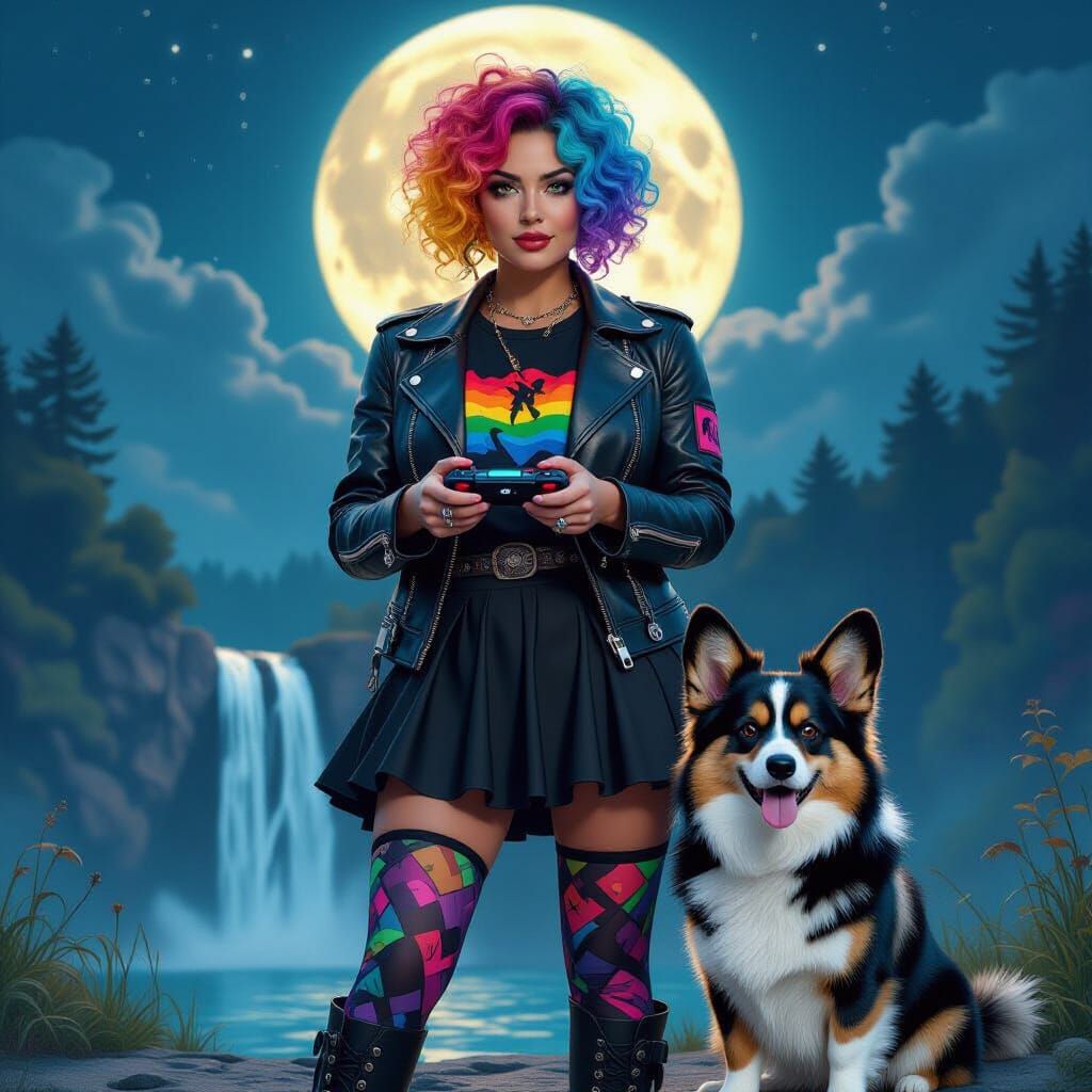 Woman with Corgi Under the Moon, Hyperrealistic Style