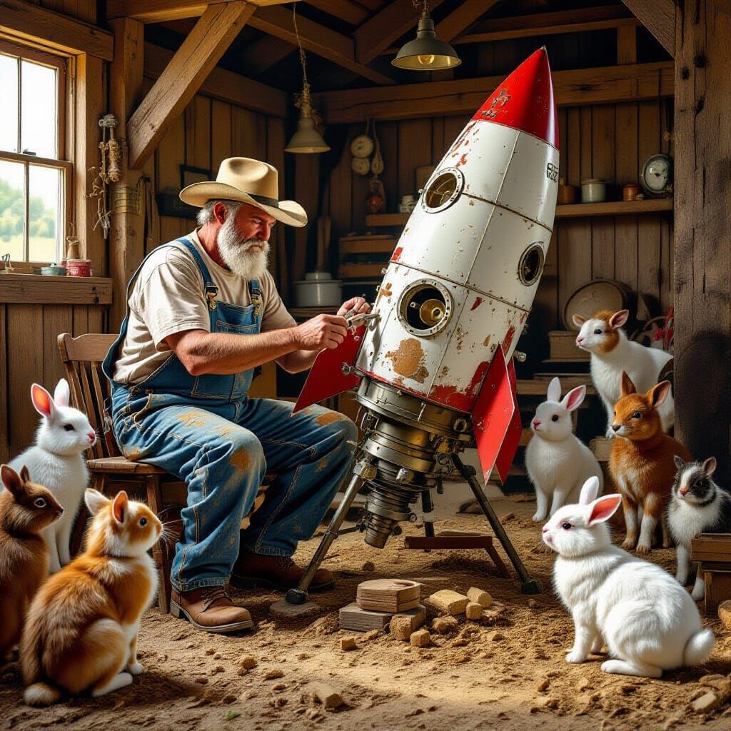 Farmer Builds Rocket Ship in Barn, Imaginative Realism