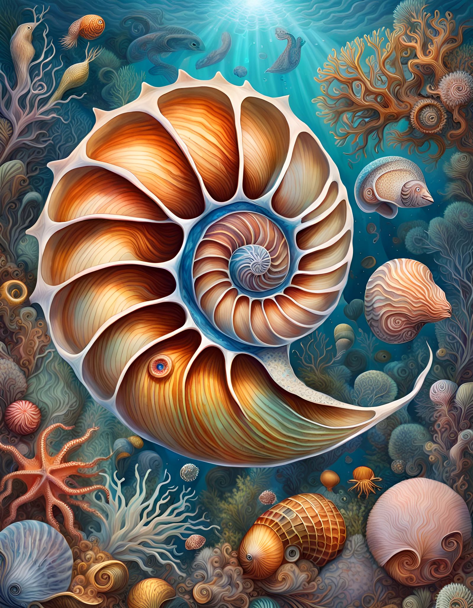 Nautilus Shells Underwater: A Colorful Illustration
