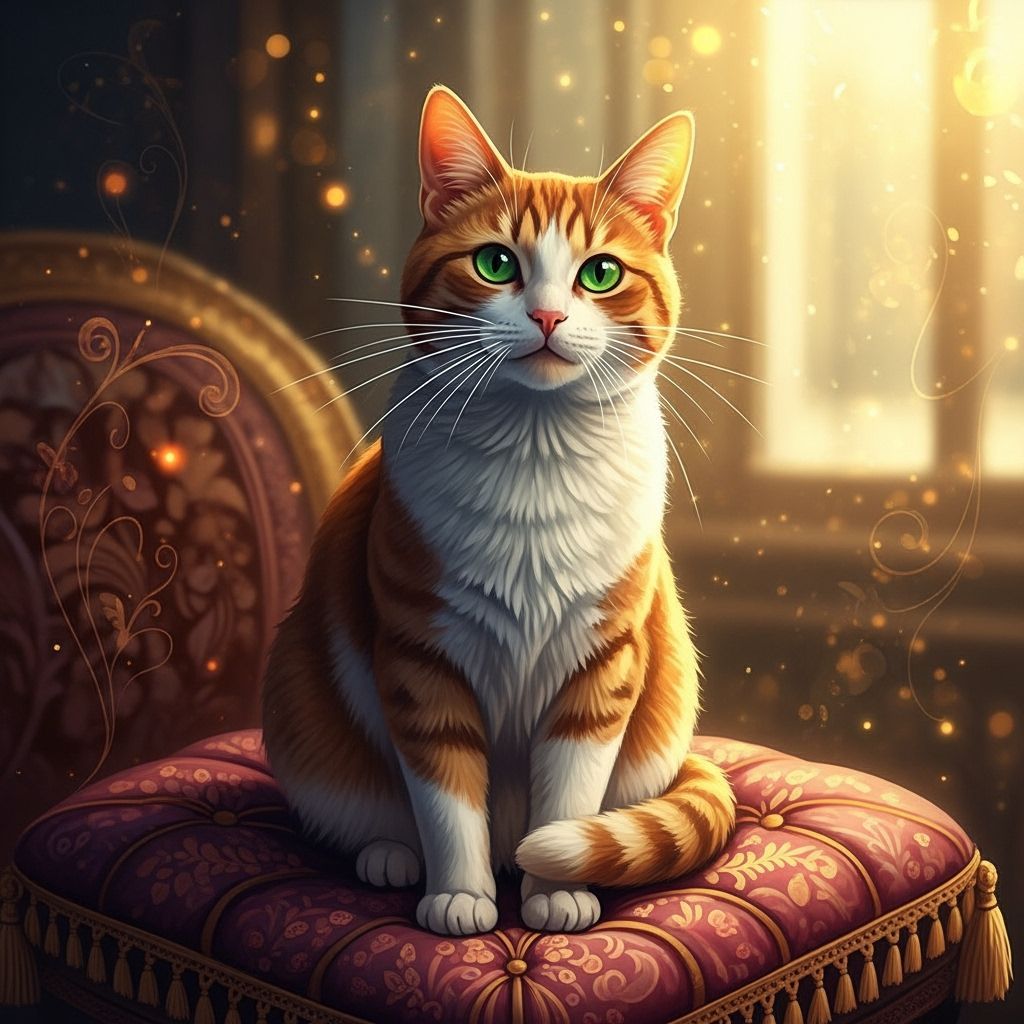 Cat on Velvet Cushion in Dreamy Digital Illustration