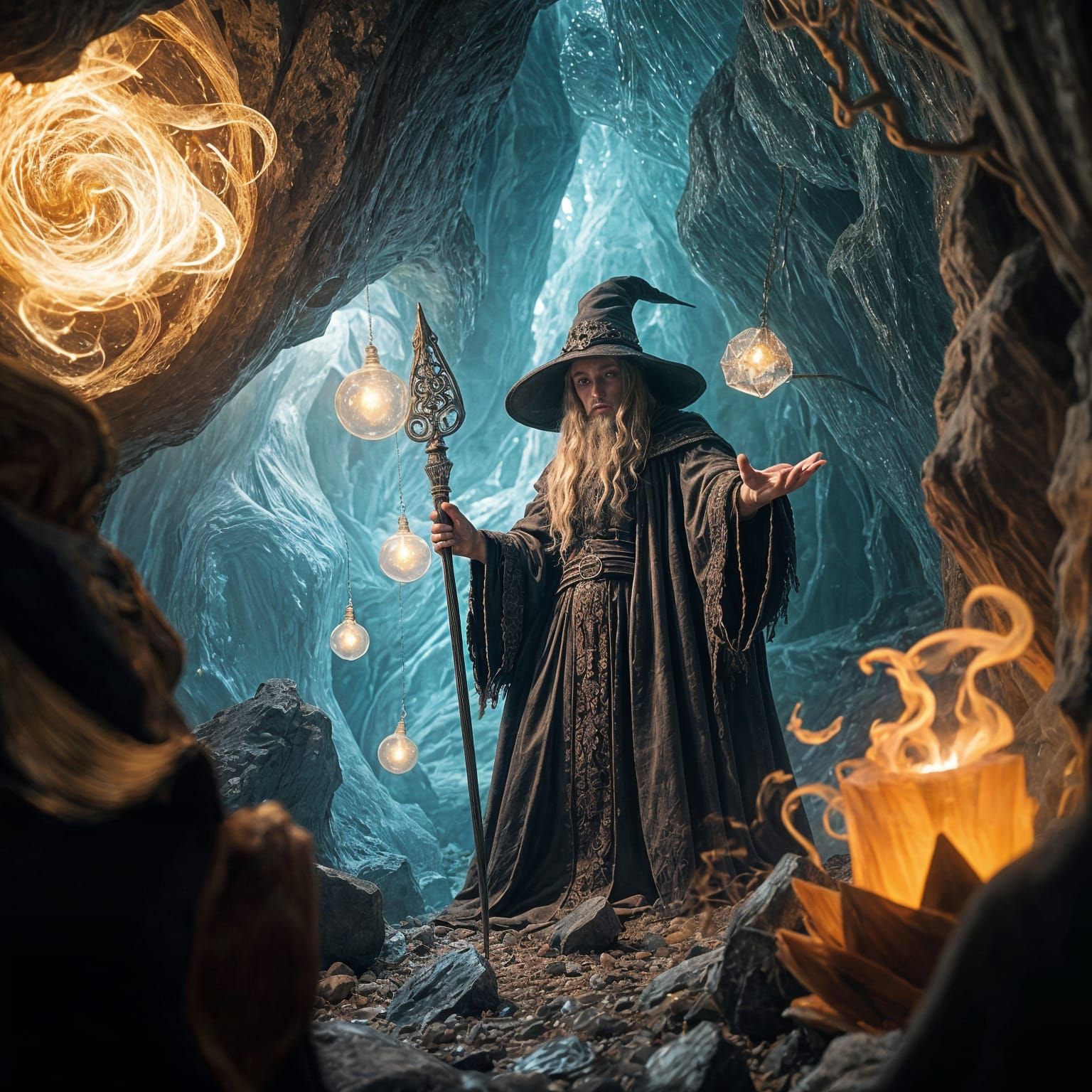 Gothic Wizard in Crystal Cave with Spirits