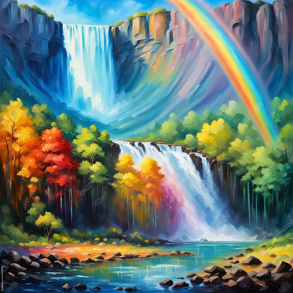 Waterfall with Rainbow in Noir Illustration Style
