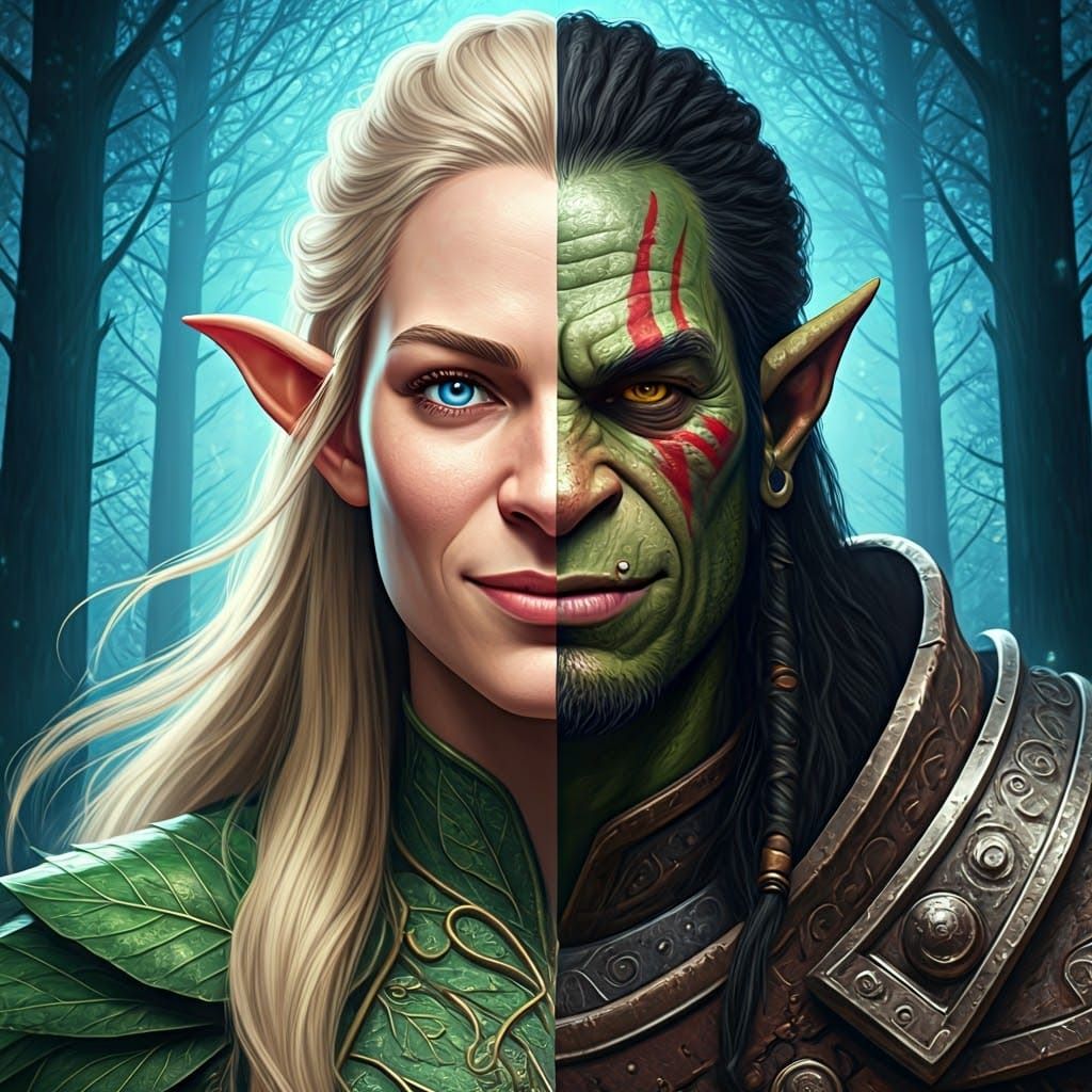 Divided Warrior Portrait in Cyberpunk Aesthetic