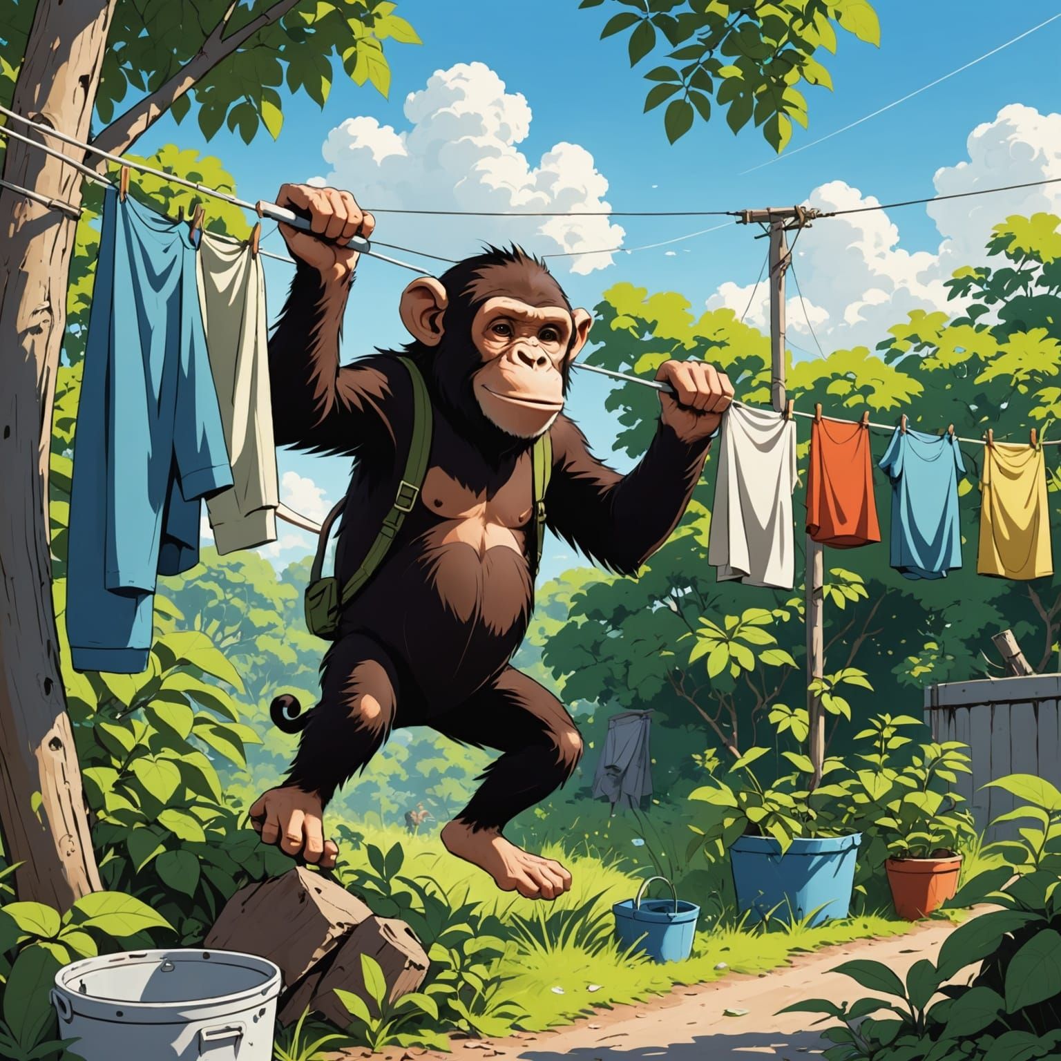 Chimpanzee as Hobo in Anime Style Stealing Clothes