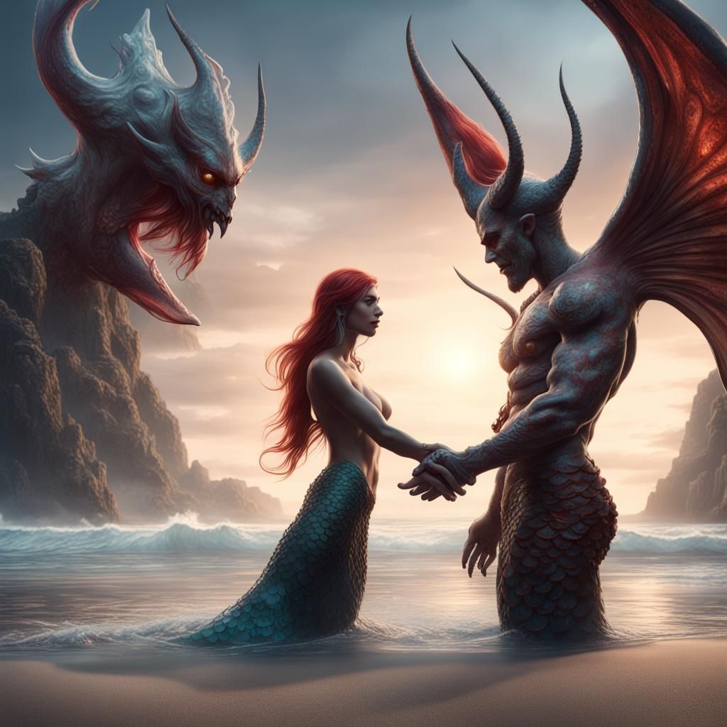Mermaid and Demon Peace Accord on Beach