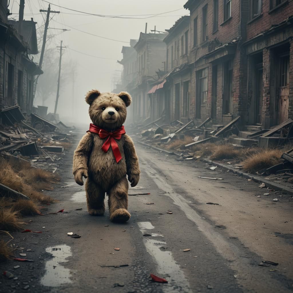 Teddy Bear in Post-Apocalyptic City, Epic Realism