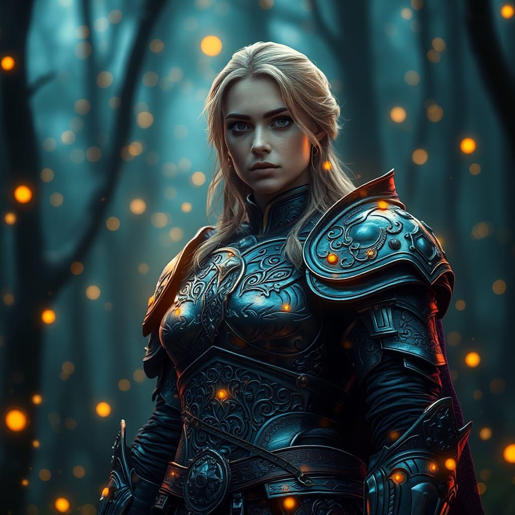 Regal Warrior in Mystical Forest, Digital Art