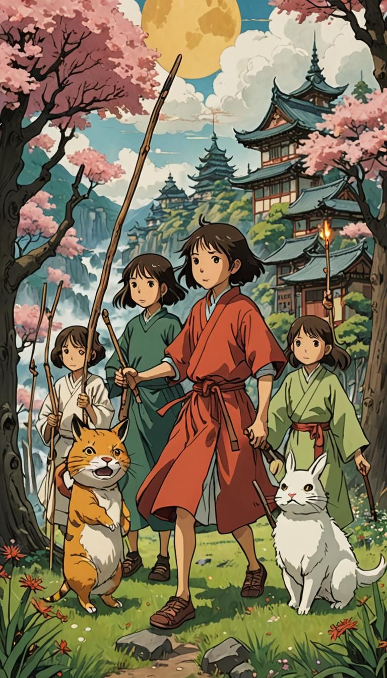 Five of Wands Tarot in Studio Ghibli Style