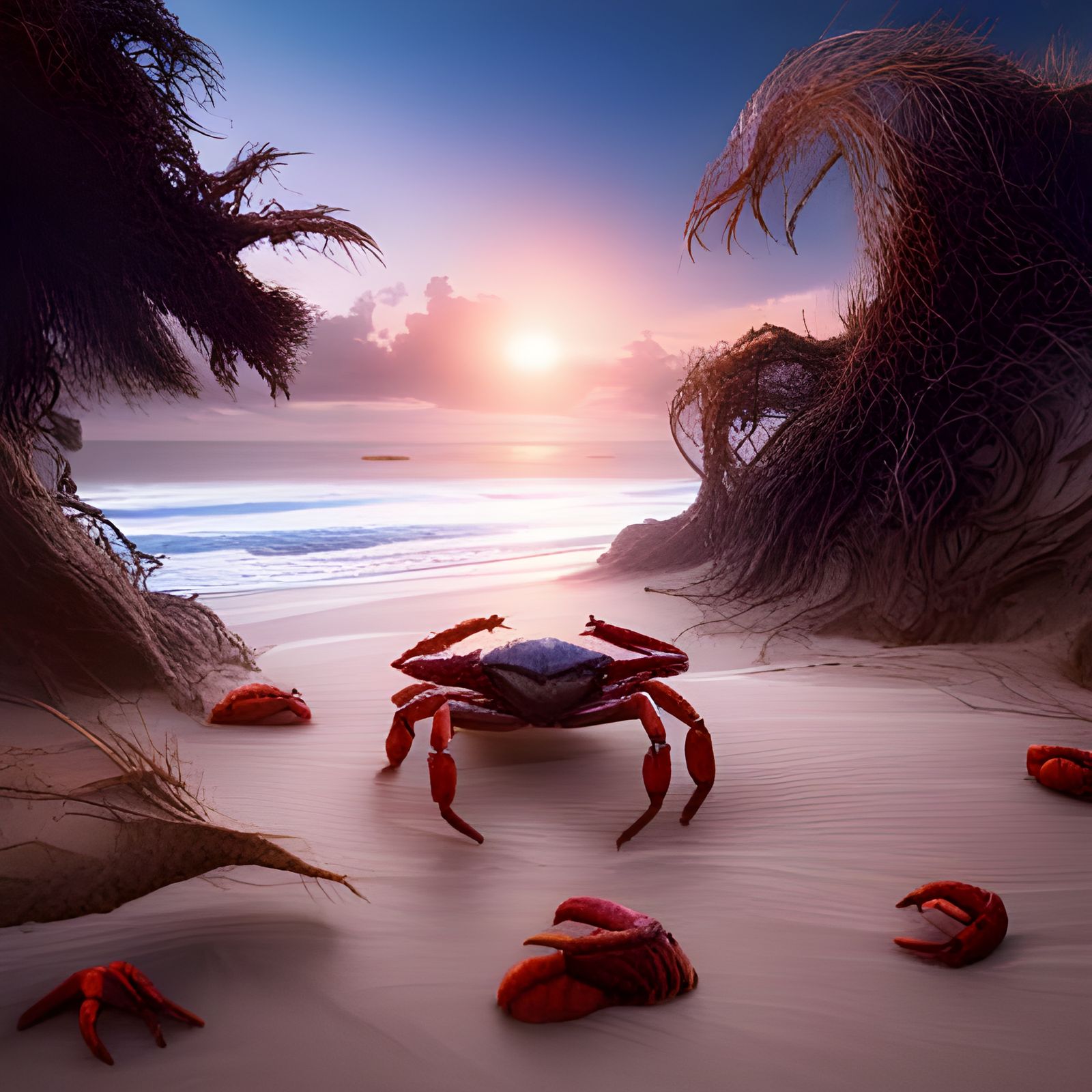 Blue Crabs on Beach: Detailed Digital Painting